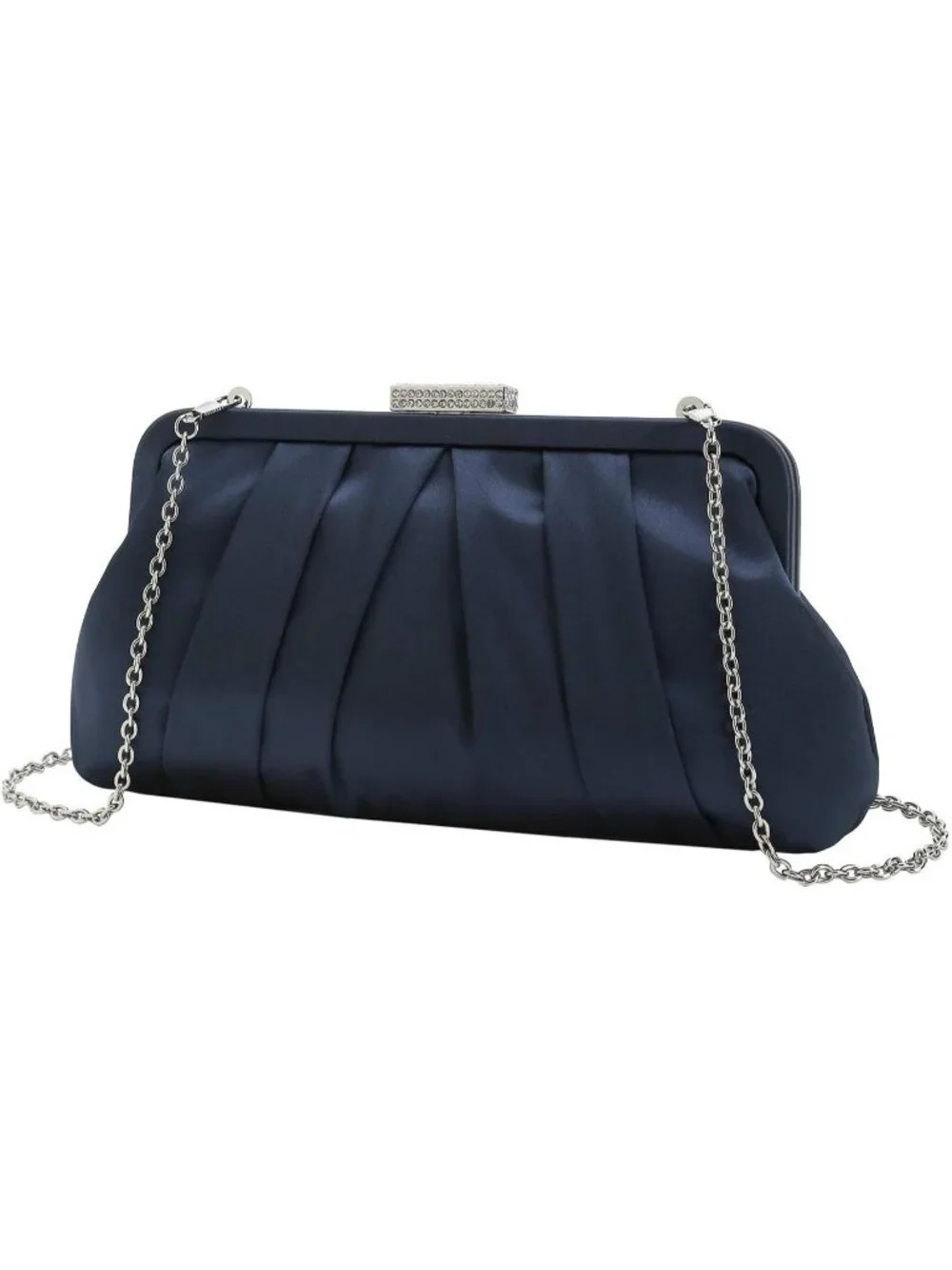 Women's Navy Classic Pleated Satin Clutch Purse Diamante Formal Evening Bag